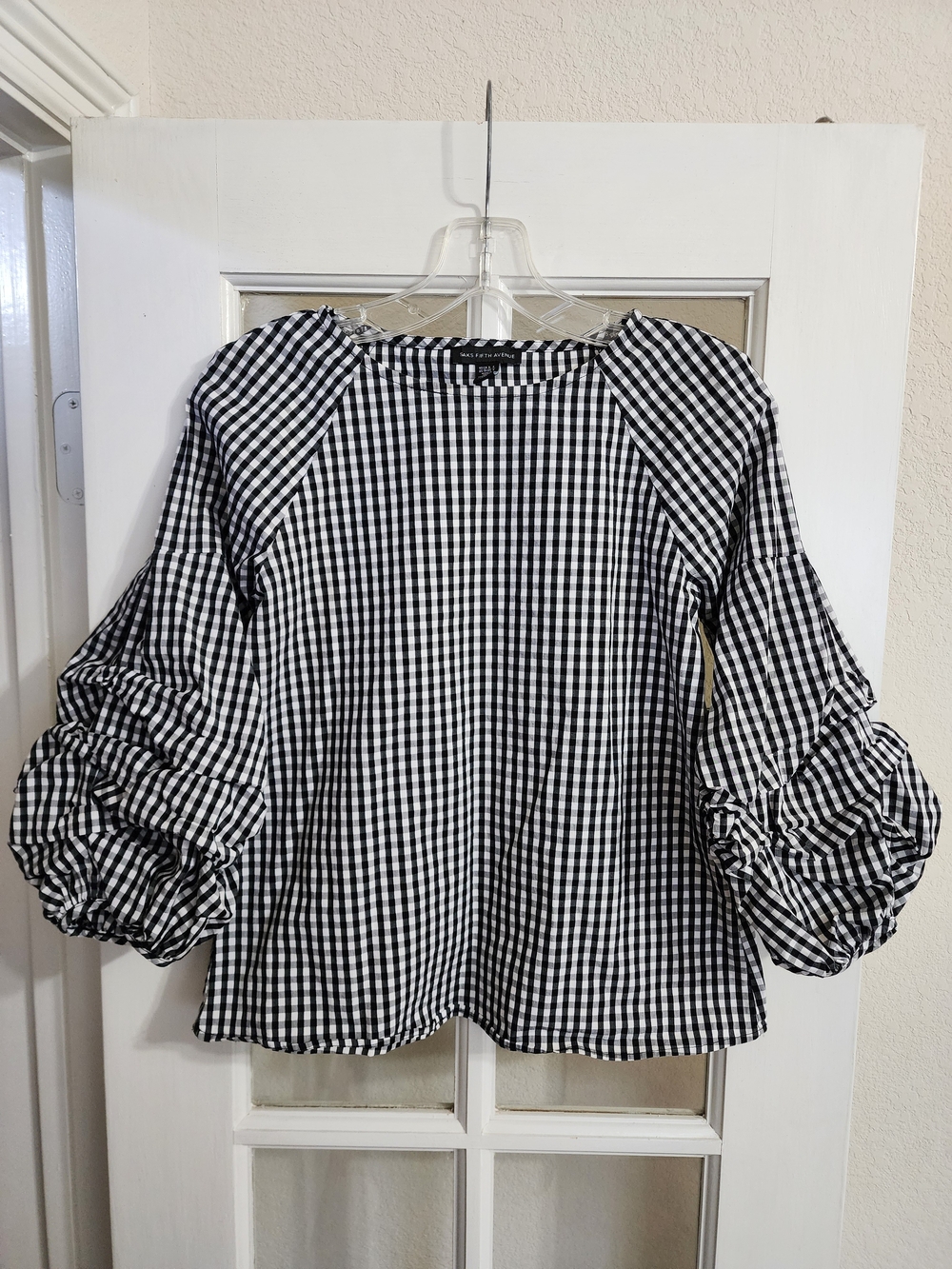 Saks Fifth Avenue XS Gingham Ruched Statement Sleeve Blouse Black White